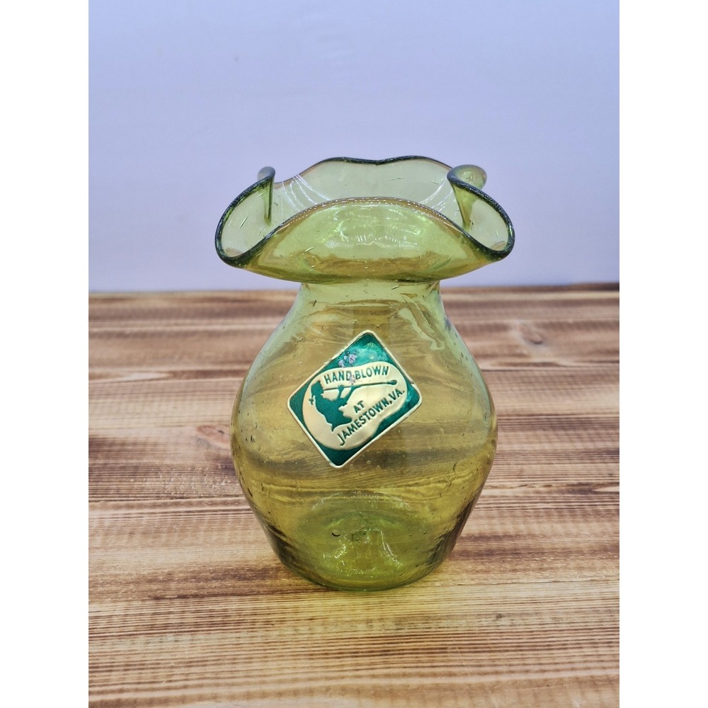 Hand Blown at Jamestown Virginia Green Bubble Glass‎ Pitcher 3" Tall